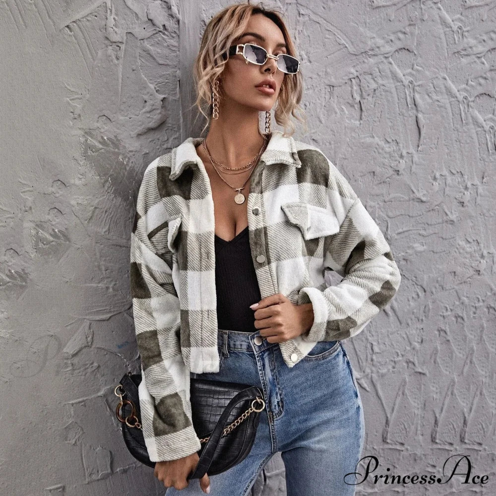 Loose Plaid Thick Coat Gray Grid / S