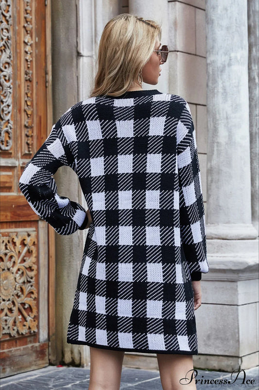 Loose Plus Size Plaid Commute Color Block Sweater