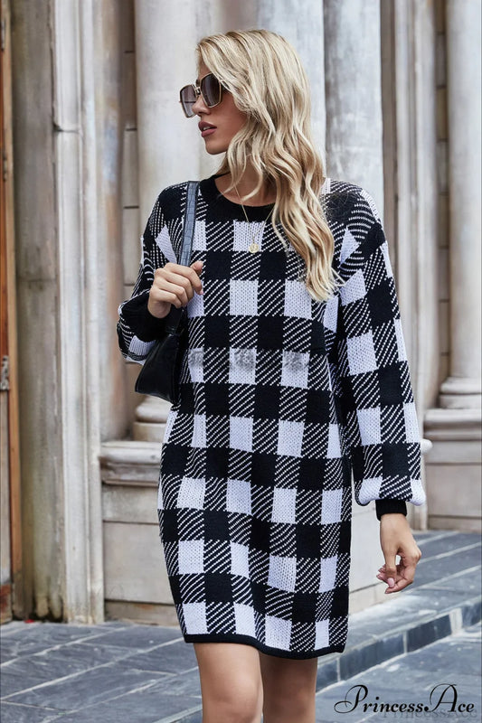 Loose Plus Size Plaid Commute Color Block Sweater