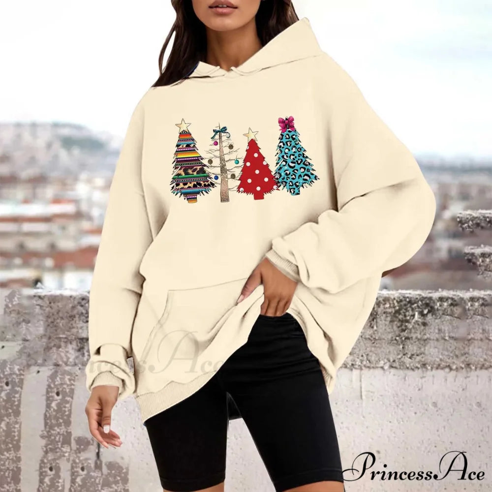 Loose Pullover Four Christmas Tree Crewneck New Autumn Christmas Hoodie Beige-B / M Christmas Hoodies-L