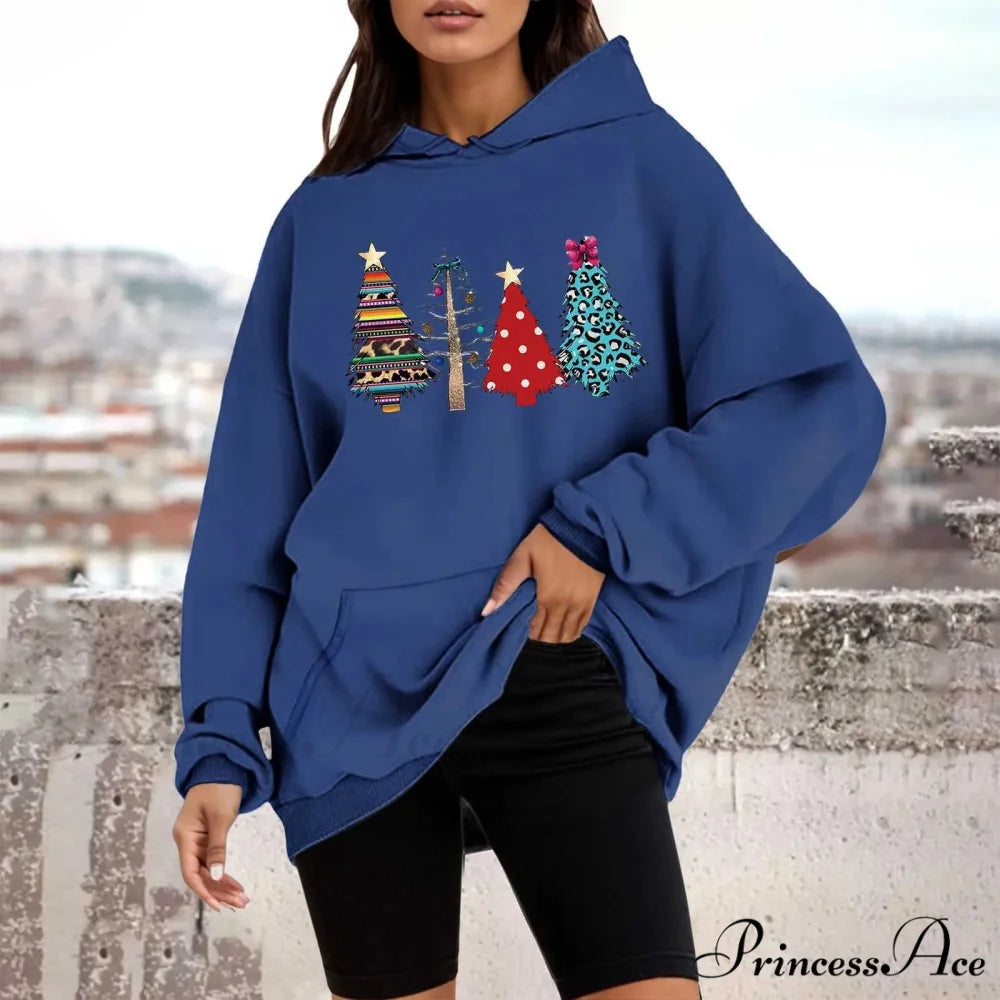 Loose Pullover Four Christmas Tree Crewneck New Autumn Christmas Hoodie Blue-B / M Christmas Hoodies-L