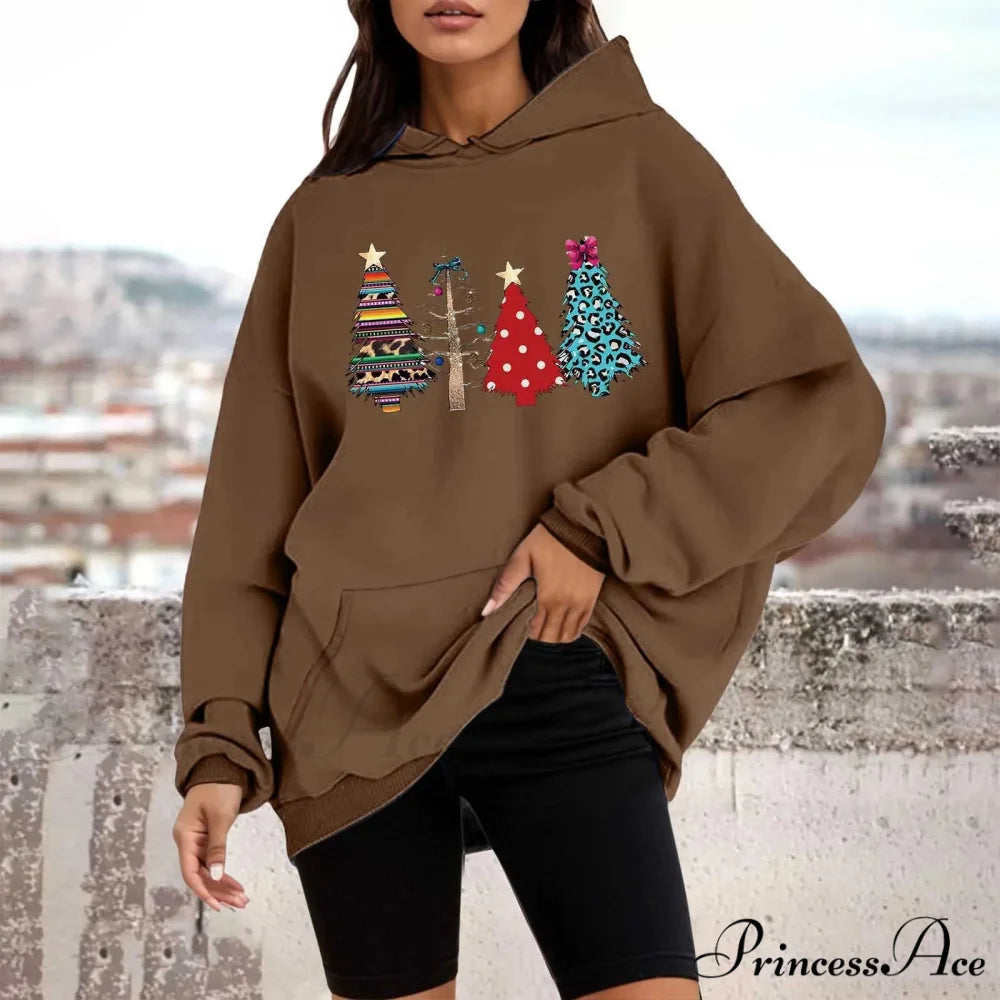Loose Pullover Four Christmas Tree Crewneck New Autumn Christmas Hoodie Coffee-B / M Christmas Hoodies-L