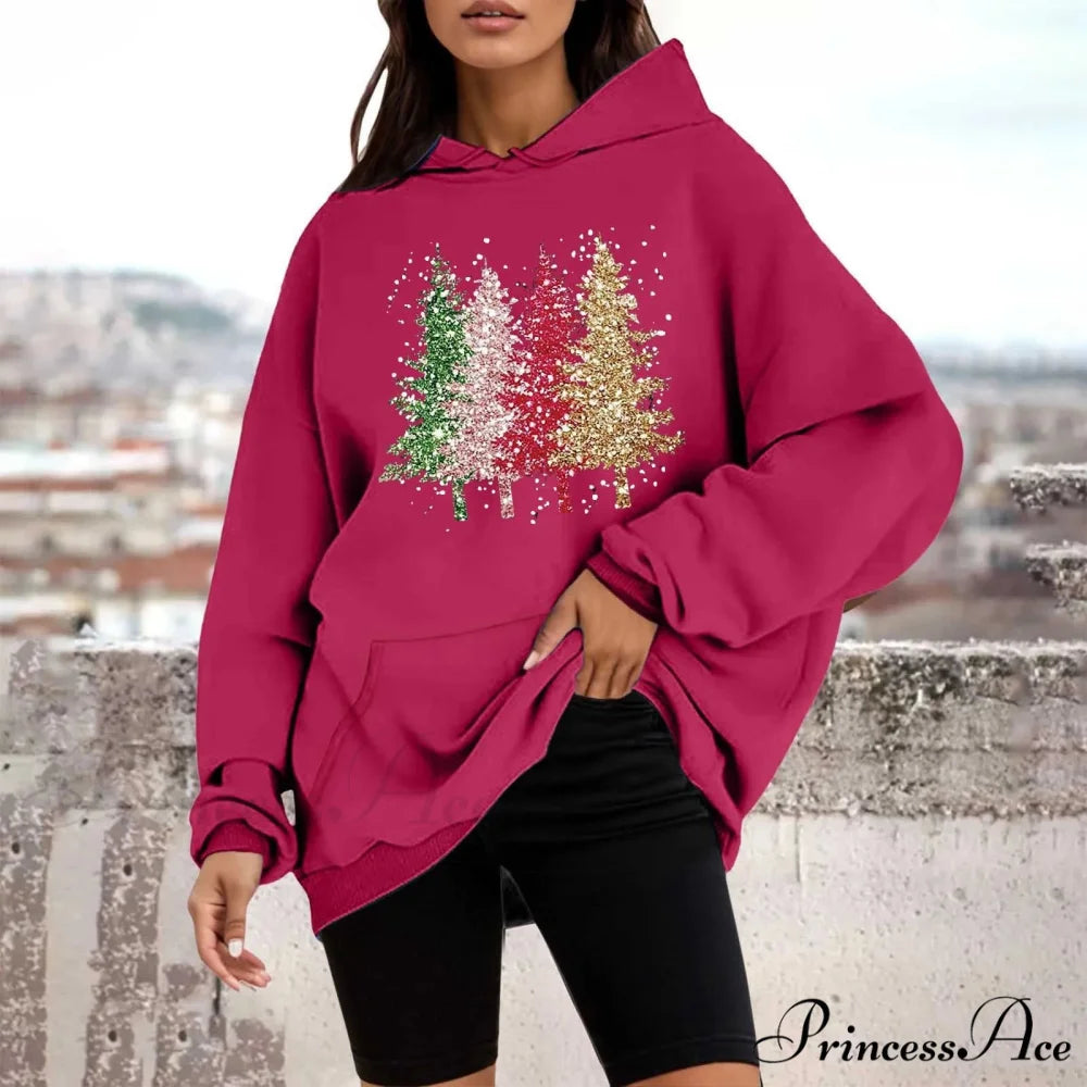 Loose Pullover Four Christmas Tree Crewneck New Autumn Christmas Hoodie Hot Pink-A / M Christmas Hoodies-L