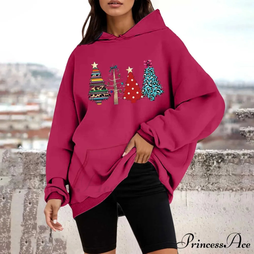 Loose Pullover Four Christmas Tree Crewneck New Autumn Christmas Hoodie Hot Pink-B / M Christmas Hoodies-L