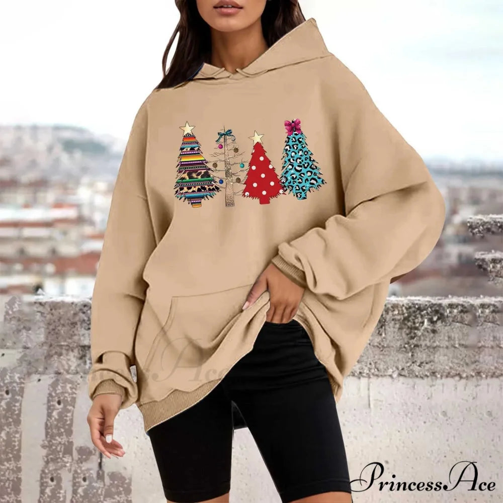 Loose Pullover Four Christmas Tree Crewneck New Autumn Christmas Hoodie Khaki-B / M Christmas Hoodies-L