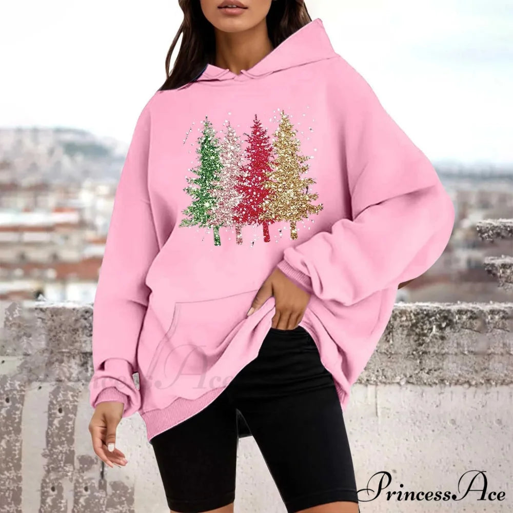 Loose Pullover Four Christmas Tree Crewneck New Autumn Christmas Hoodie Light Pink-A / M Christmas Hoodies-L