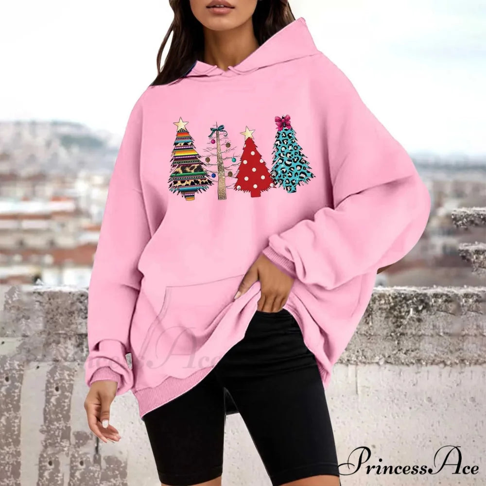 Loose Pullover Four Christmas Tree Crewneck New Autumn Christmas Hoodie Light Pink-B / M Christmas Hoodies-L