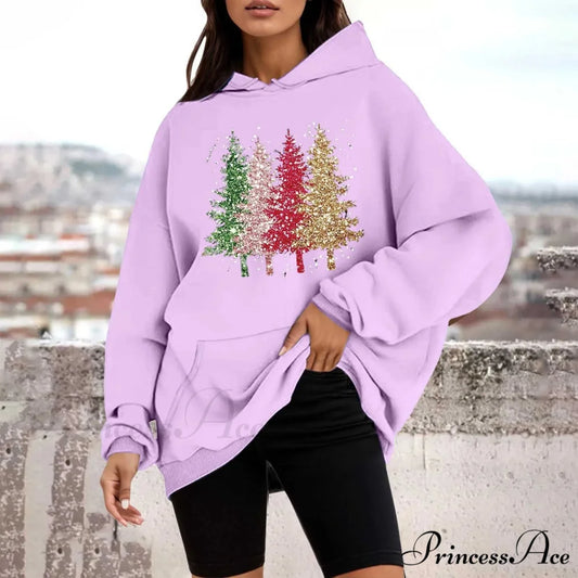 Loose Pullover Four Christmas Tree Crewneck New Autumn Christmas Hoodie Light Purple-A / M Christmas Hoodies-L
