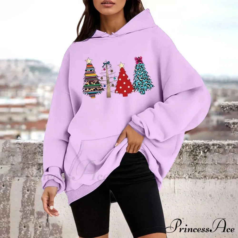 Loose Pullover Four Christmas Tree Crewneck New Autumn Christmas Hoodie Light Purple-B / M Christmas Hoodies-L