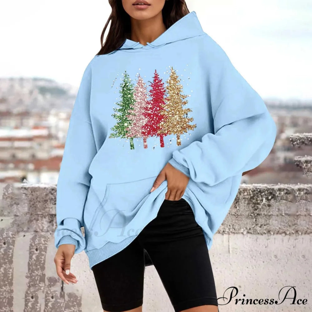 Loose Pullover Four Christmas Tree Crewneck New Autumn Christmas Hoodie Sky Blue-A / M Christmas Hoodies-L
