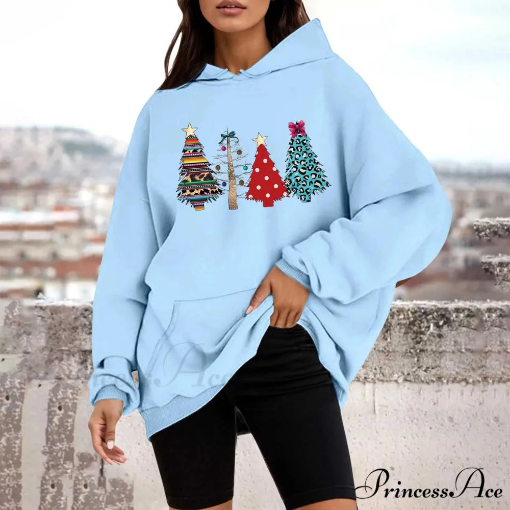 Loose Pullover Four Christmas Tree Crewneck New Autumn Christmas Hoodie Sky Blue-B / M Christmas Hoodies-L