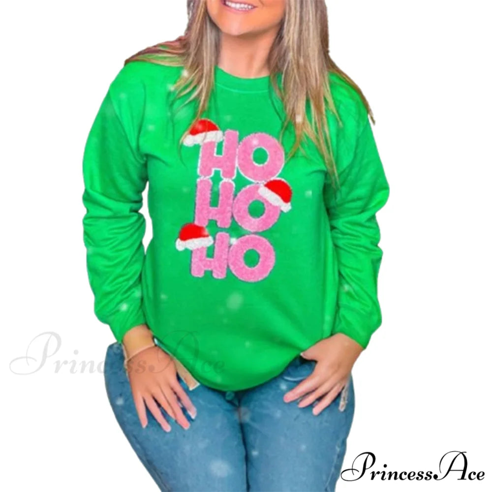 Loose Pullover Snowflake Letter Embroidery Crew Neck Long Sleeve Christmas Hoodie Green / S Christmas Hoodies-L