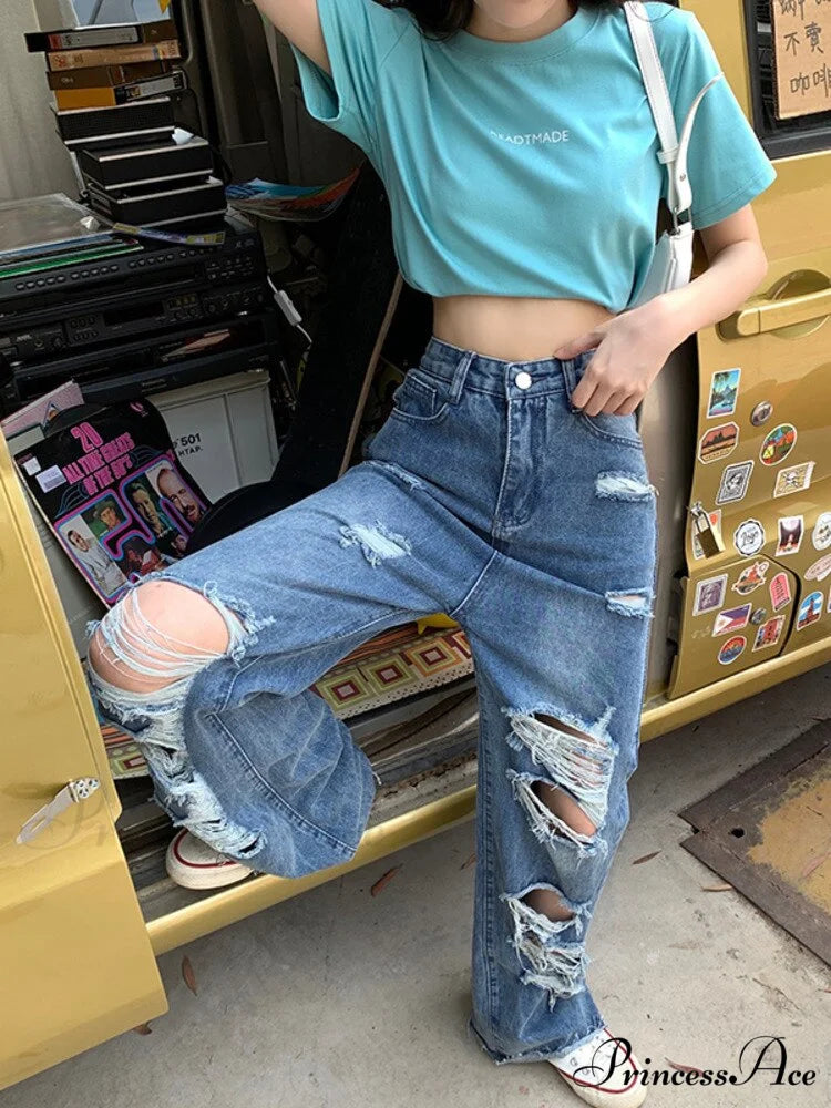 Loose Ripped Wide-leg Jeans Thin Women’s Trousers