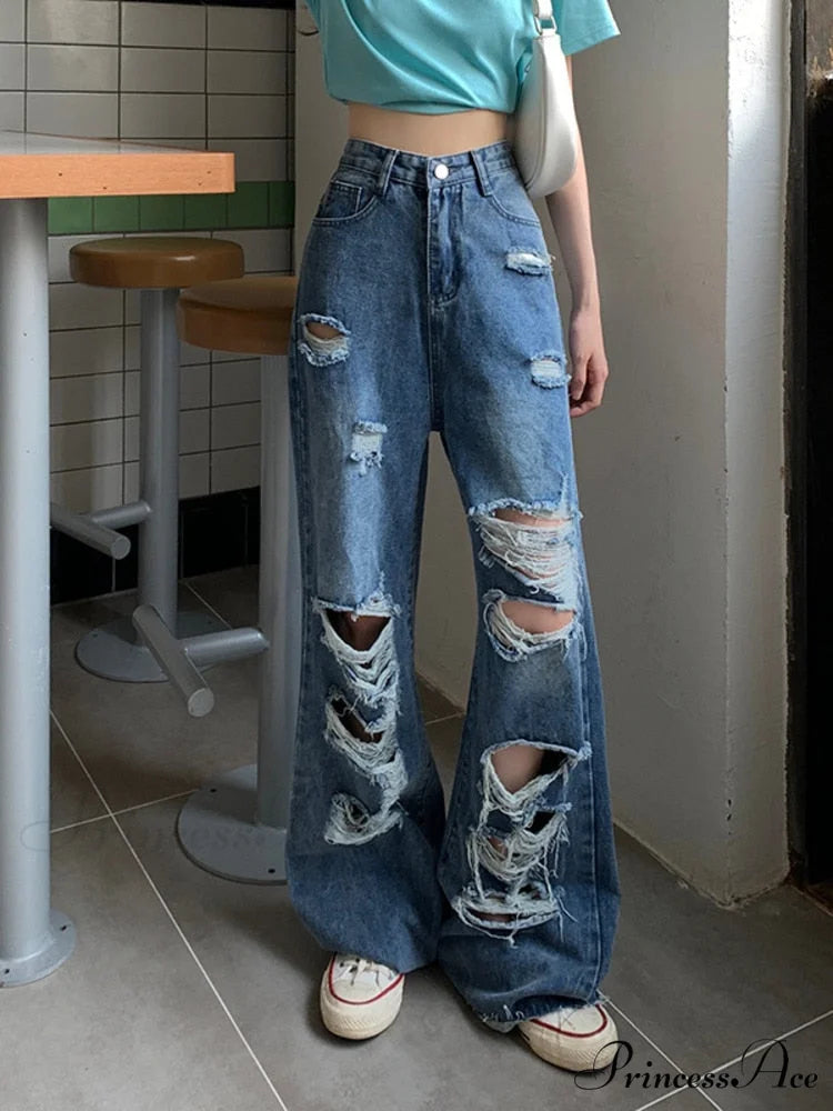 Loose Ripped Wide-leg Jeans Thin Women’s Trousers