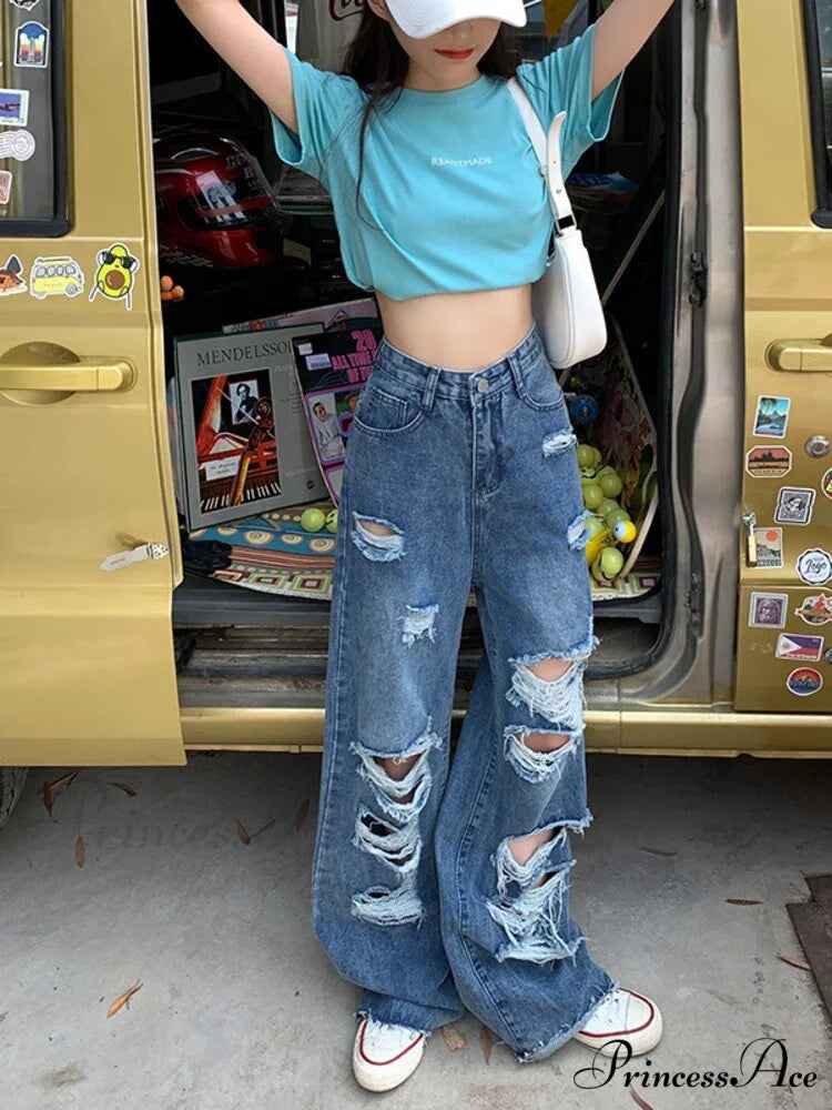 Loose Ripped Wide-leg Jeans Thin Women’s Trousers
