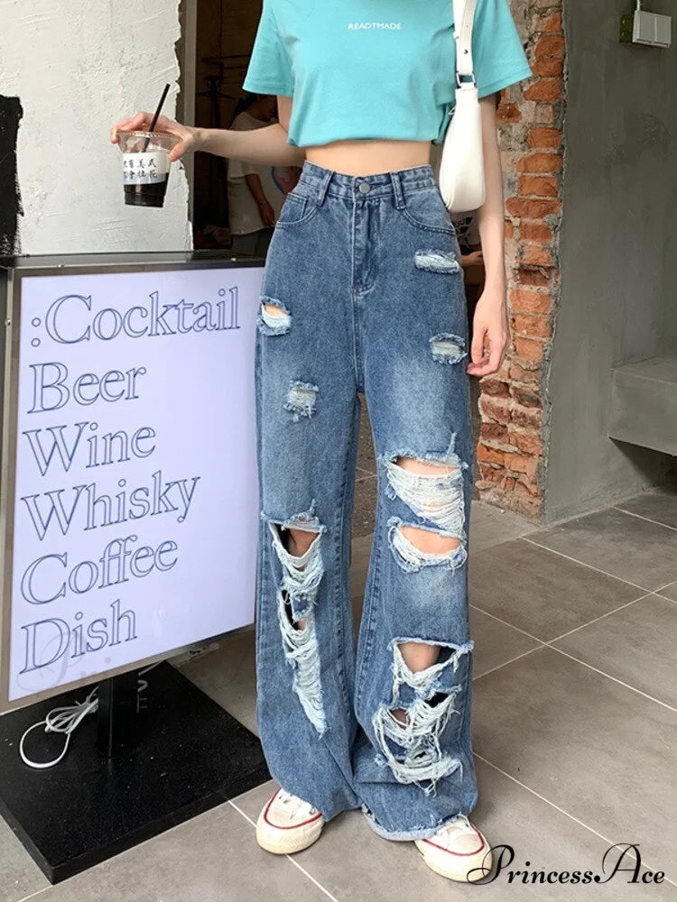 Loose Ripped Wide-leg Jeans Thin Women’s Trousers