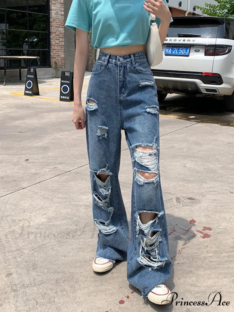 Loose Ripped Wide-leg Jeans Thin Women’s Trousers