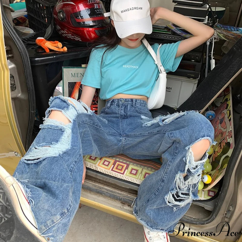 Loose Ripped Wide-leg Jeans Thin Women’s Trousers Blue / S