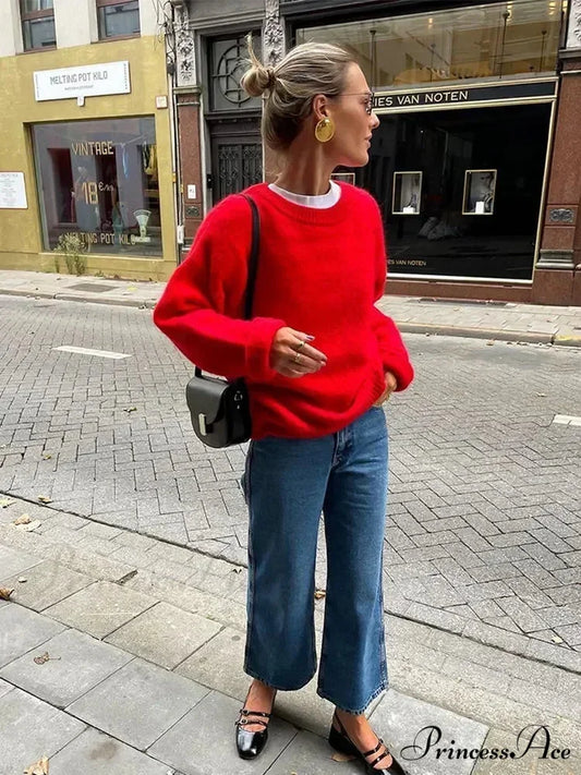 Loose Round Neck Retro Long Sleeve Knitted Pullover Christmas Sweater Red / S
