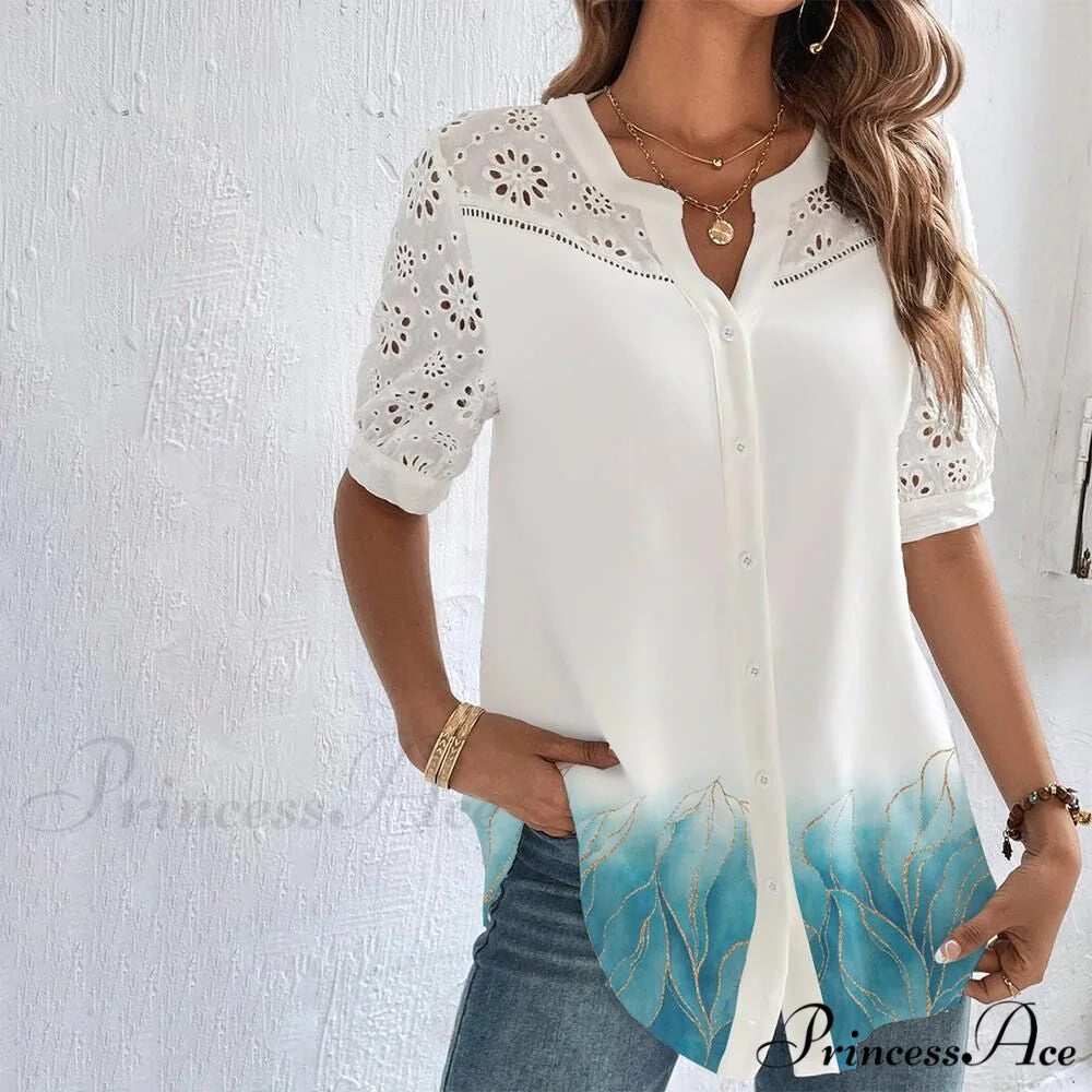 Loose Shirt Elegant Short Sleeve Blouse Blue / S