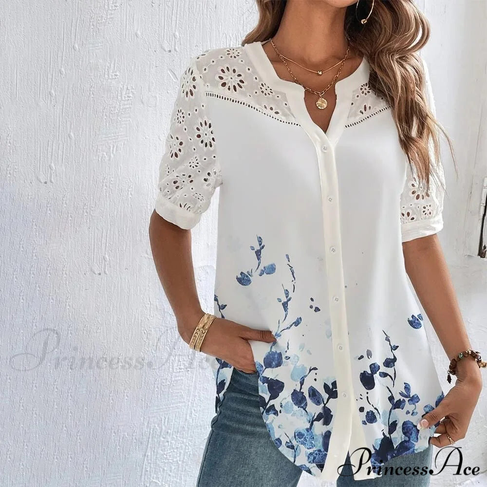 Loose Shirt Elegant Short Sleeve Blouse Sky Blue / S