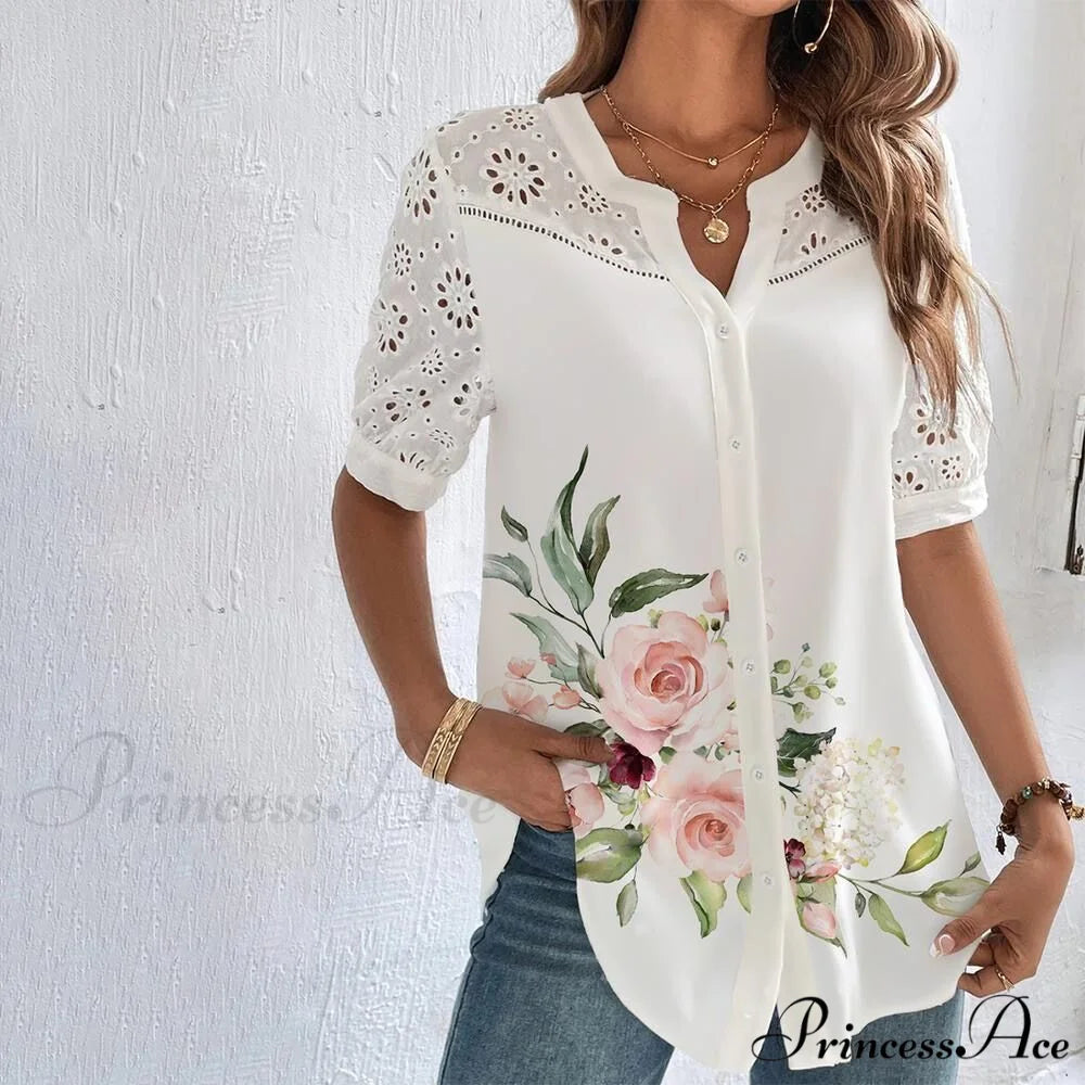 Loose Shirt Elegant Short Sleeve Blouse White / S