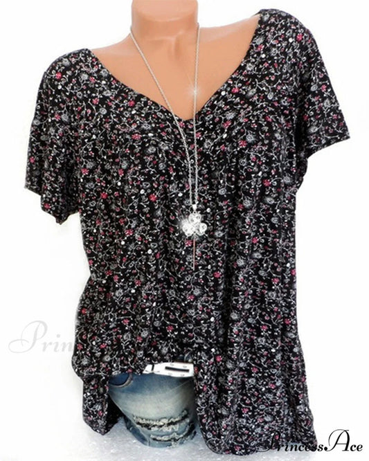 loose short-sleeved V-neck tee Black / S