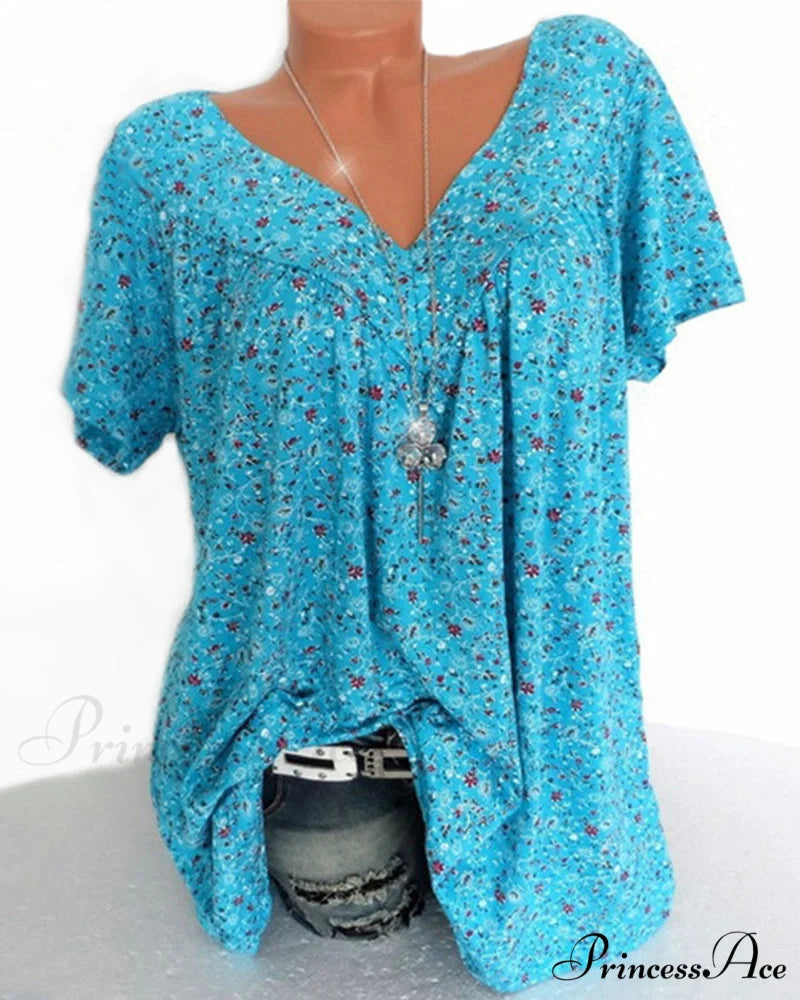 loose short-sleeved V-neck tee Blue / S