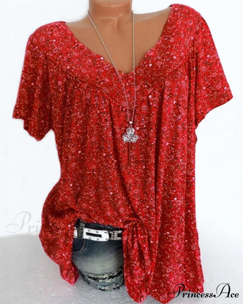 loose short-sleeved V-neck tee Burgundy / S