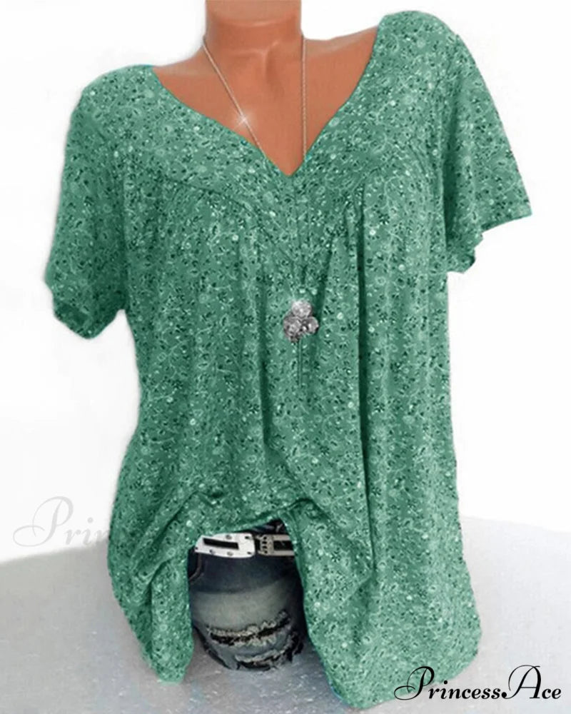 loose short-sleeved V-neck tee Green / S