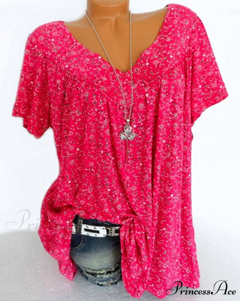 loose short-sleeved V-neck tee Red / S