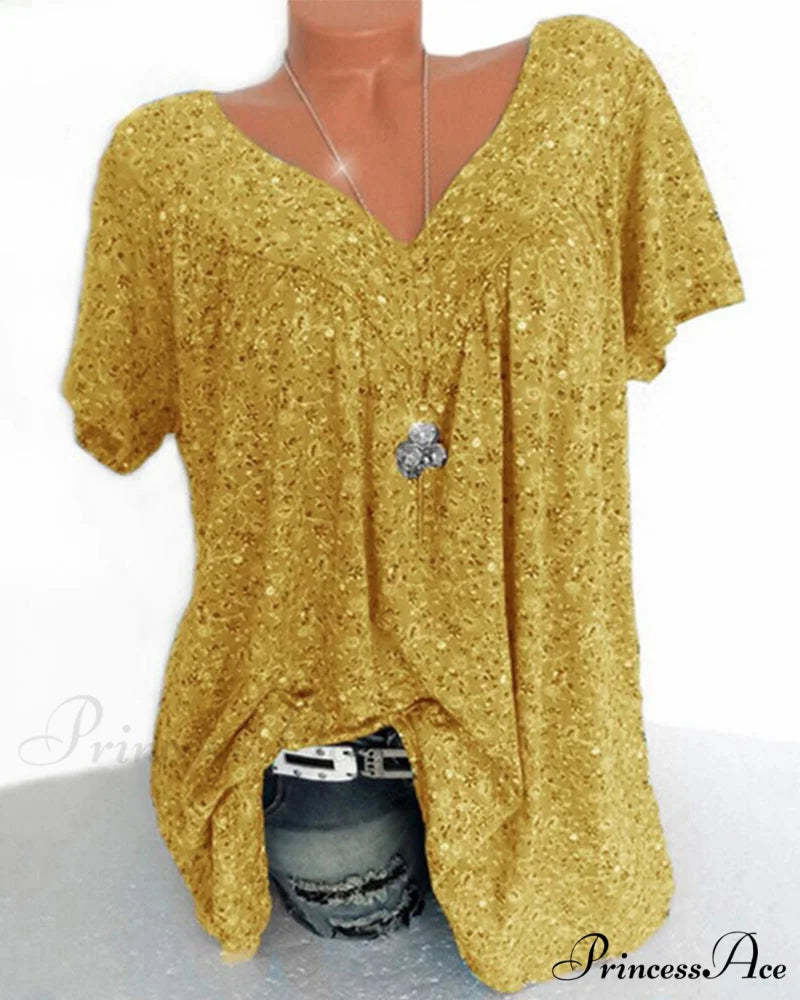 loose short-sleeved V-neck tee Yellow / S