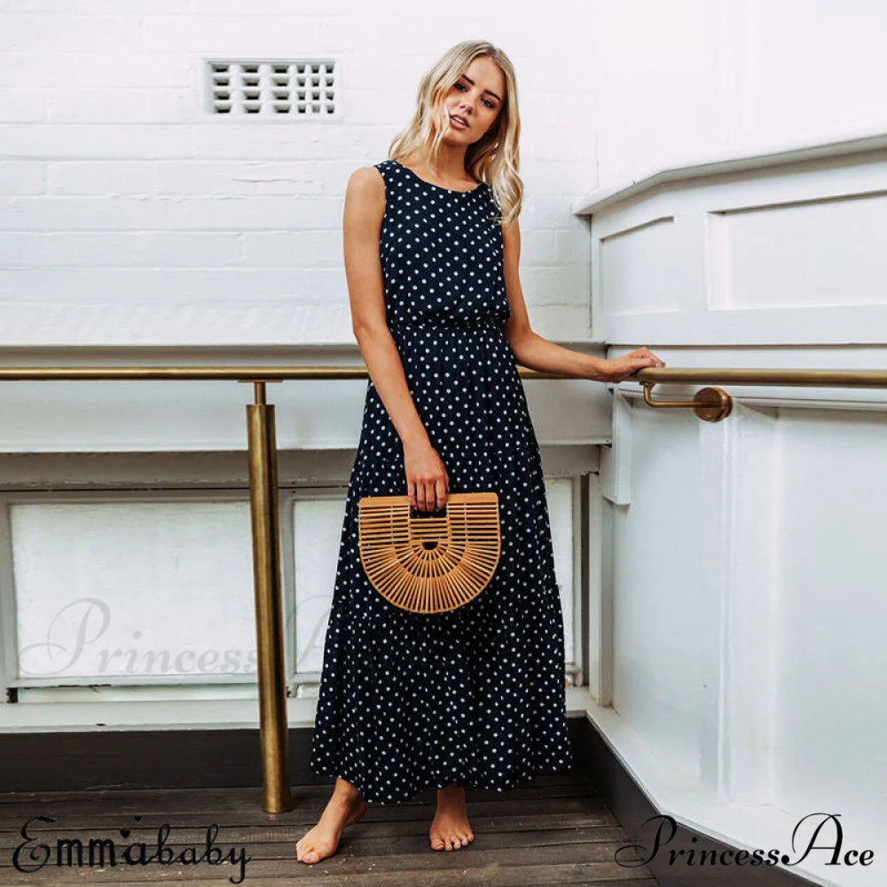 Loose Sleeveless Holiday Dot Print Long Maxi Dress