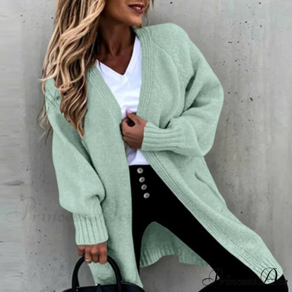 Loose Solid Casual Cardigan Green / S