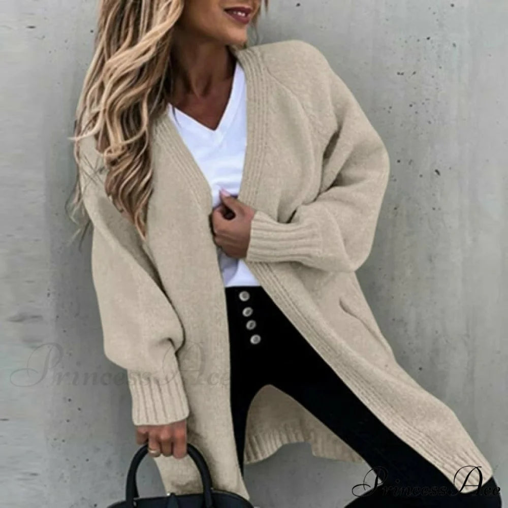 Loose Solid Casual Cardigan Khaki / S