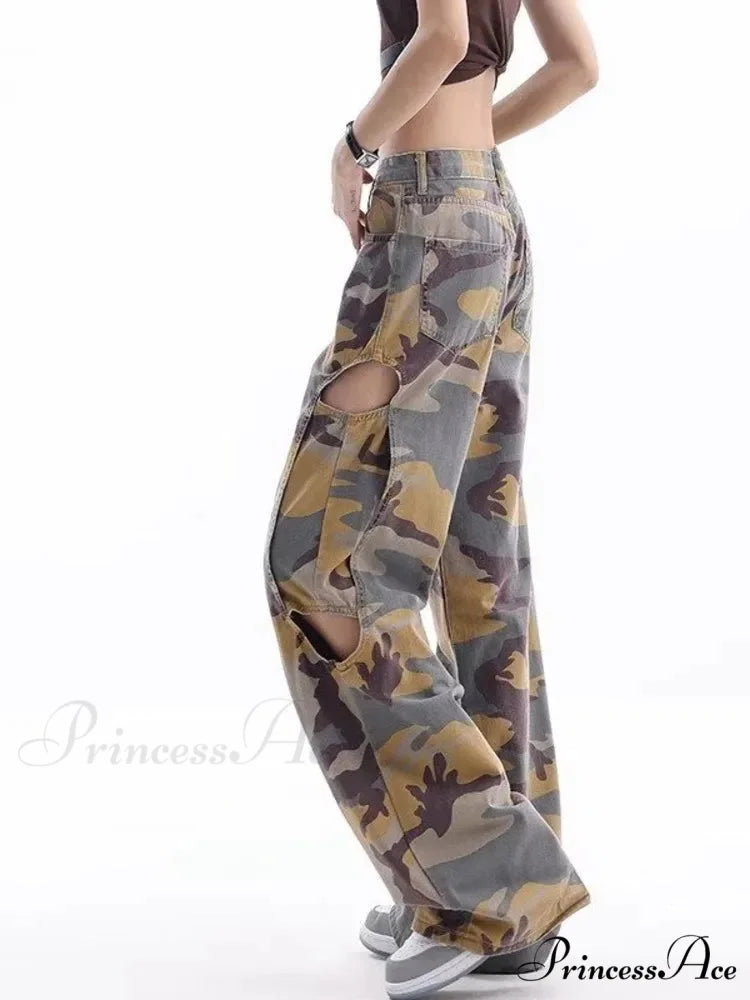 Loose Splashed Ink Speaker Camouflage Pants Trendy Hip-Hop Vintage Versatile Work Clothes Pants Wide Leg Pants Women’s