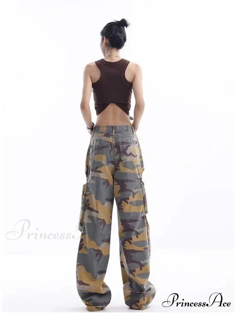 Loose Splashed Ink Speaker Camouflage Pants Trendy Hip-Hop Vintage Versatile Work Clothes Pants Wide Leg Pants Women’s