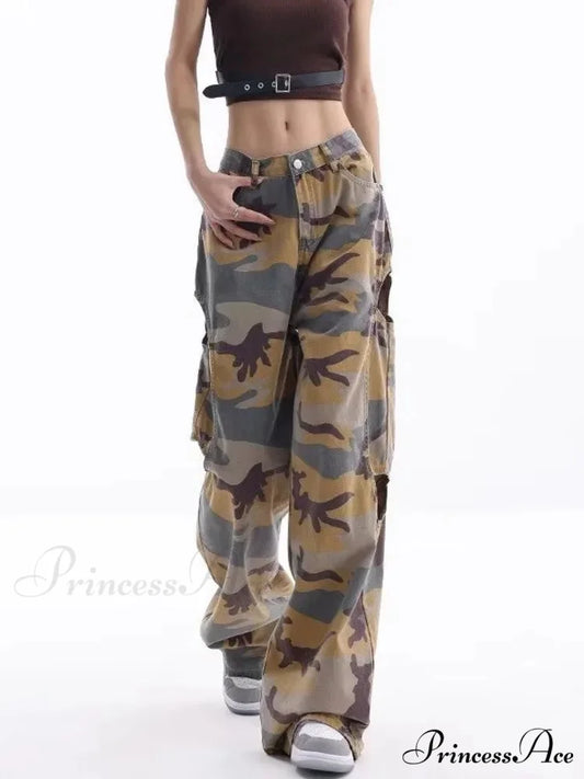 Loose Splashed Ink Speaker Camouflage Pants Trendy Hip-Hop Vintage Versatile Work Clothes Pants Wide Leg Pants Women’s