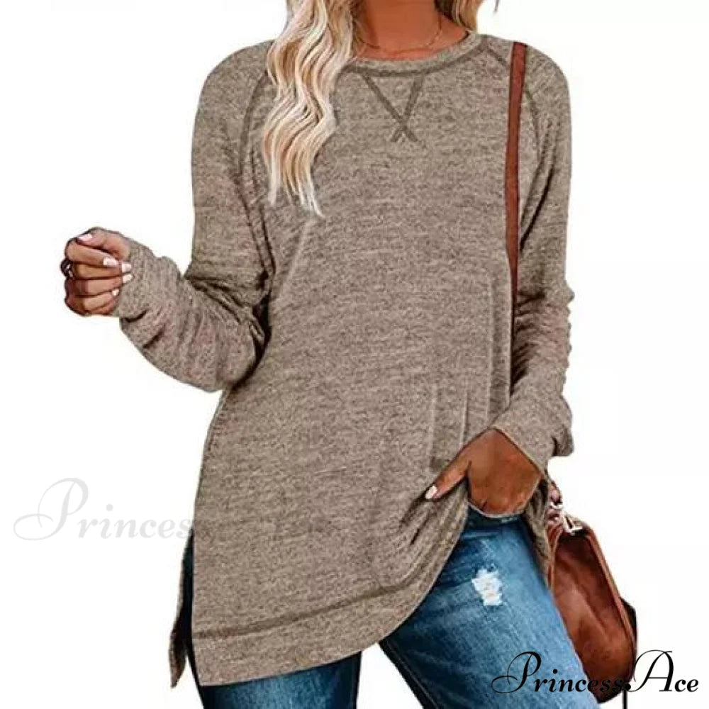 Loose Split Casual Fall Arm Side for Long Tops Tunic Pullover Women Brown / S
