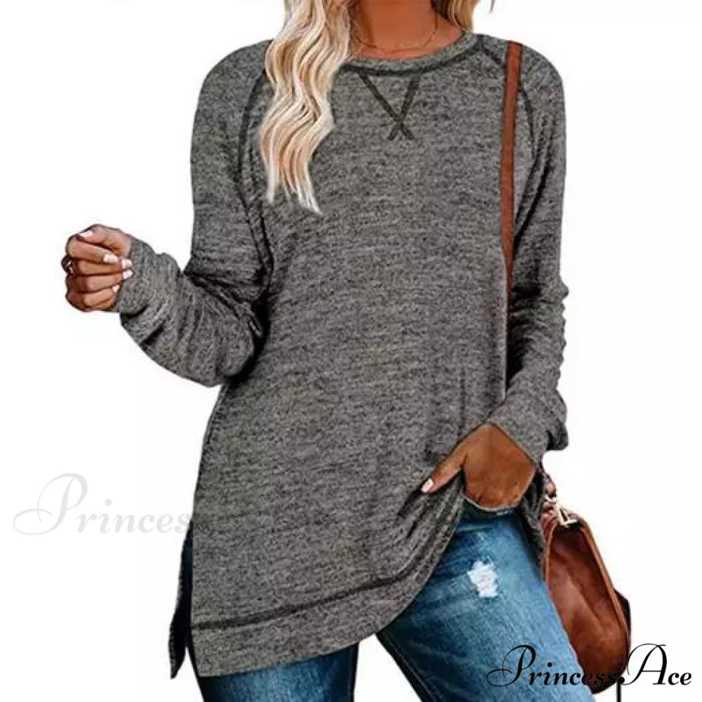 Loose Split Casual Fall Arm Side for Long Tops Tunic Pullover Women Gray / S