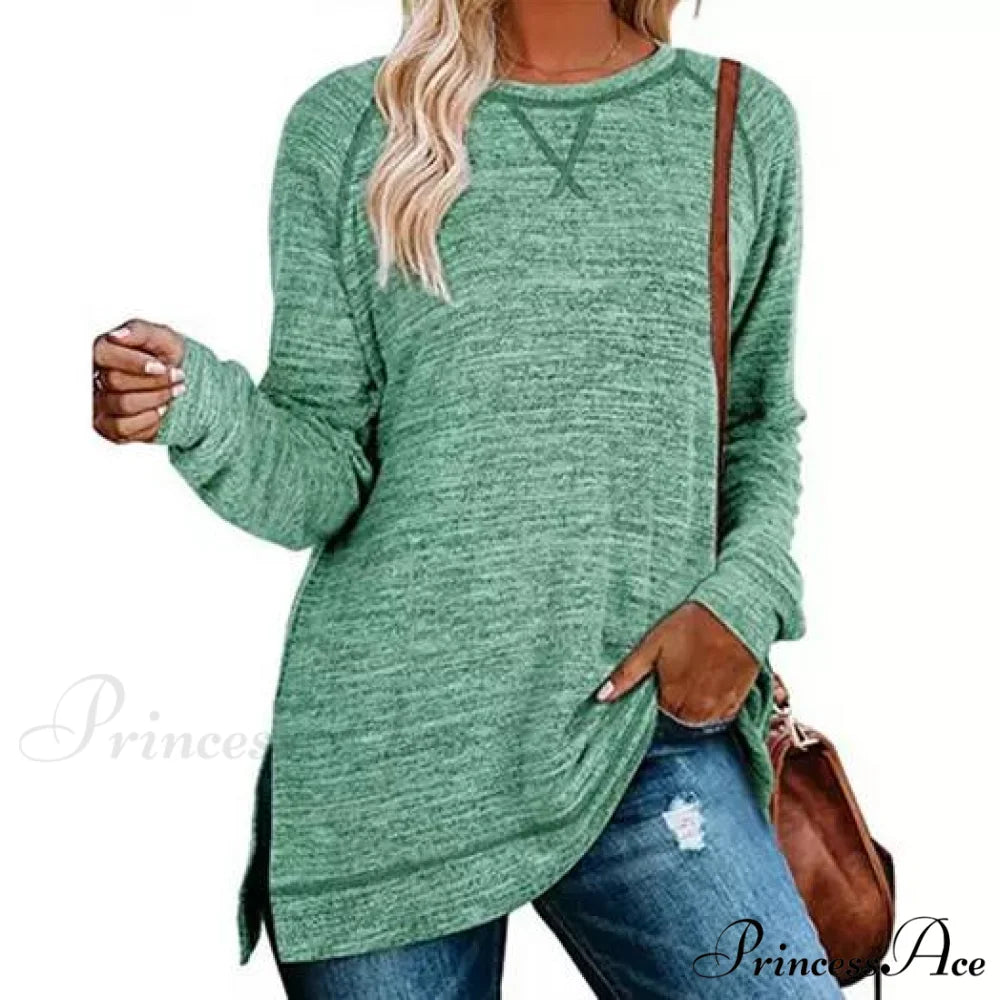 Loose Split Casual Fall Arm Side for Long Tops Tunic Pullover Women Green / S