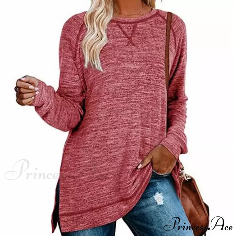 Loose Split Casual Fall Arm Side for Long Tops Tunic Pullover Women Red / S