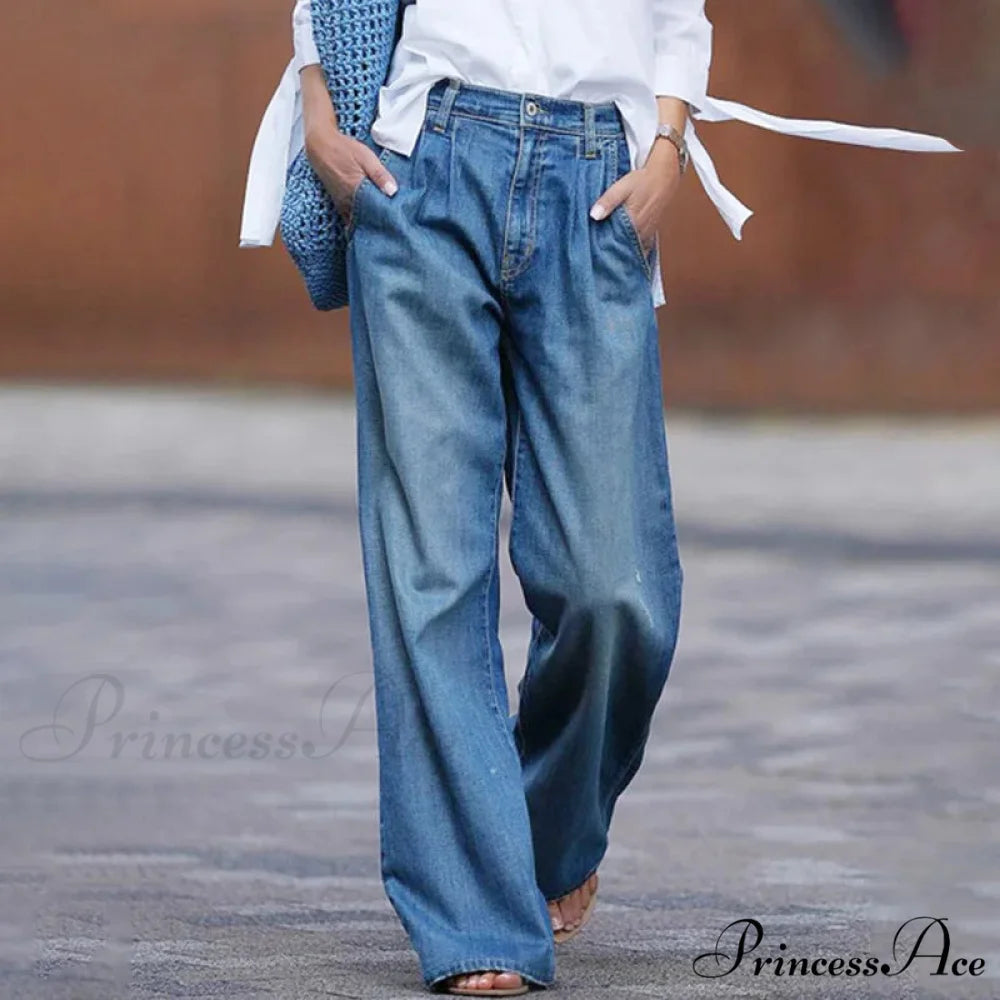 Loose Straight Women Blue Streetwear Holiday Ladies Denim With Pocket Jean Blue / S