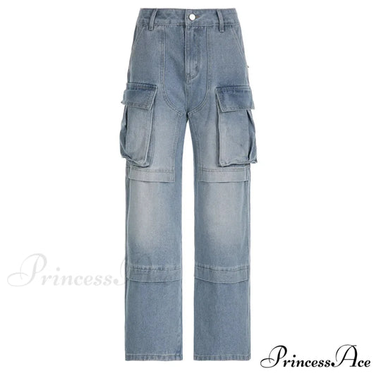 Loose Streetwear Summer Outfits 2024 Blue High Waist Casual Fashion Y2K Straight Cargo Denim Jean Blue / S