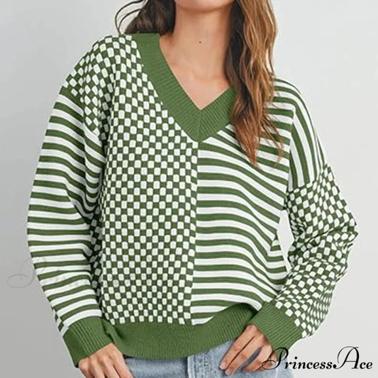 Loose Striped Plaid Casual Long Sleeve Cute Retro Chic Green Christmas Sweater green / S