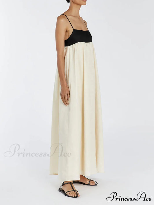 Loose Suspender Black And Graceful White Patchwork Maxi Dress