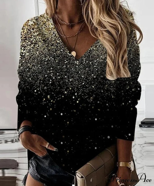 Loose V-neck Sequined Long Sleeve Pullover Yellow / S