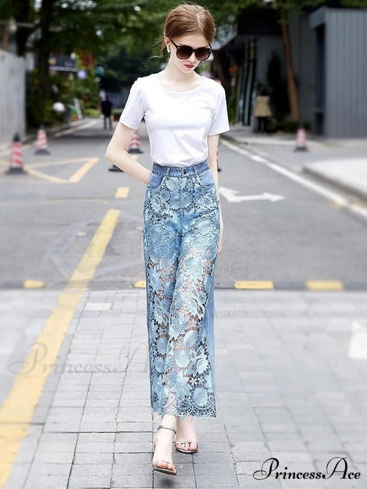 Loose Versatile Hollow Out Lace Pants