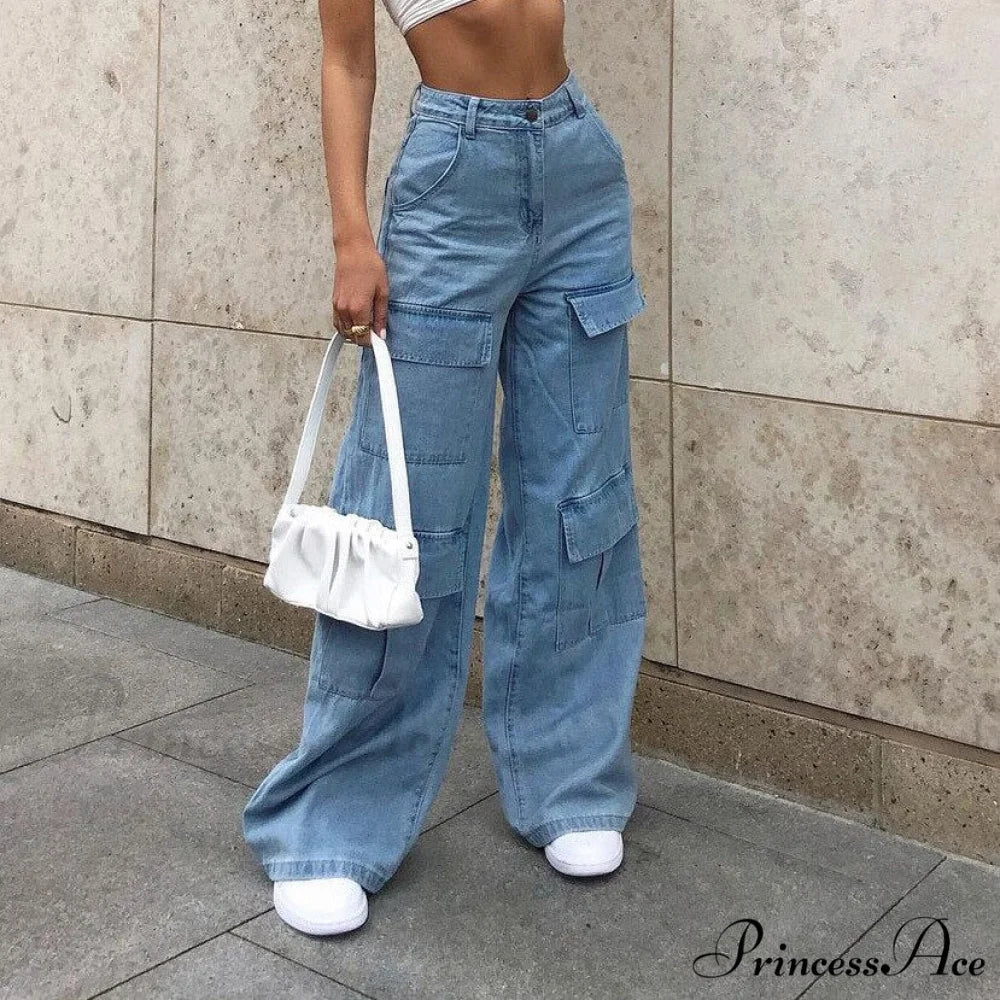 Loose Waist Casual Stylish Multi Pockets Trousers Blue / S