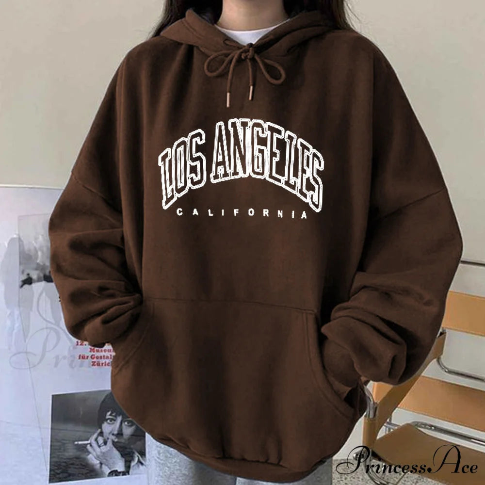 Los Angeles California Print Hoody Pullover MS-Coffee / S